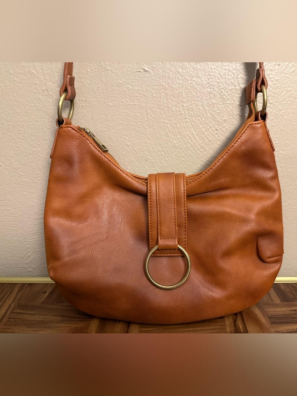 Anthropologie Cognac Brown Slouchy Curved Faux Leather Ring Accent Crossbody Bag